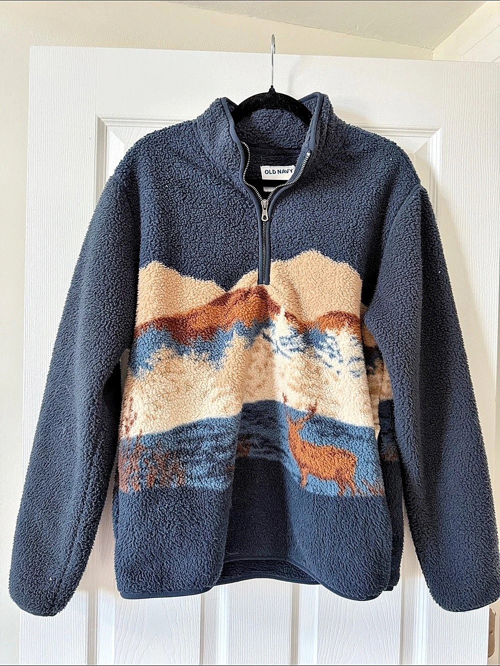 Old Navy Printed Sherpa Quarter-Zip Pullover Blue & Brown Medium